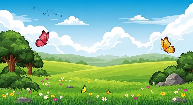 Cartoon illustration of butterflies flying over a green landscape with rolling hills under a blue sky with clouds butterfly landscape outdoors wildlife decoration illustration