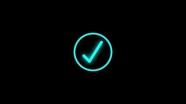 Glowing cyan check mark inside circle on black background. Successful task validation symbol for approved website choice. Animated tick sign graphic.