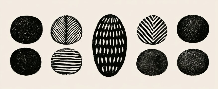 Hand-pressed rubber stamp textures crafted with roller tool. Oval worn patterns with scratches, vintage letterpress rough overlays, woodcut printmaking design on light backdrop.
