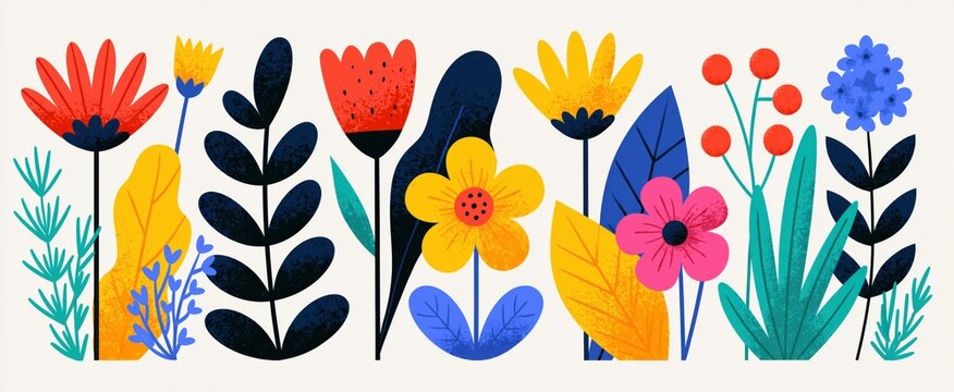 Vibrant hand-drawn abstract spring and summer flowers dance like confetti on a light canvas