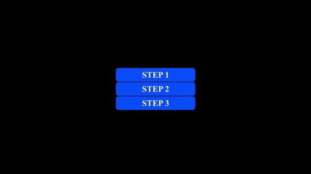 Three blue buttons labeled step one step two step three. Business work flow strategy symbol for digital progress guide. Animated options interface panel.