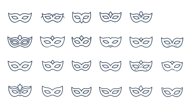 Minimalist icon set featuring masquerade masks in solid and line art style for celebrations and events