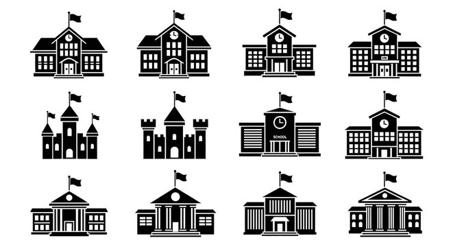Set of black silhouette icons of various school buildings and educational institutions on white background with high school building silhouette education architecture university elementary