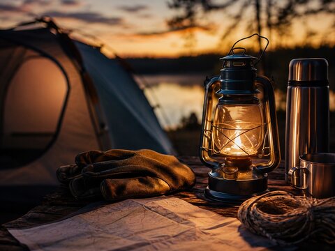 outdoor gear adventure still life camping lantern evening atmosphere