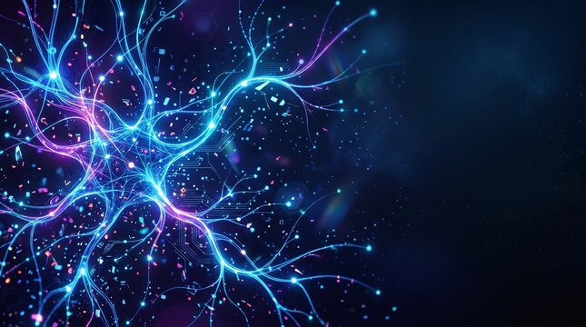 Abstract neural network glowing with futuristic technology and digital data flow in dark space