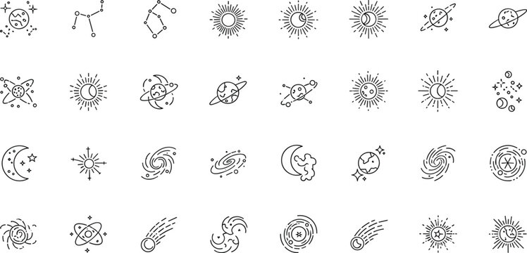 Minimal Space Astronomy Outline Icon Set With Sun Moon Galaxy Planets Stars And Cosmic Design Elements
