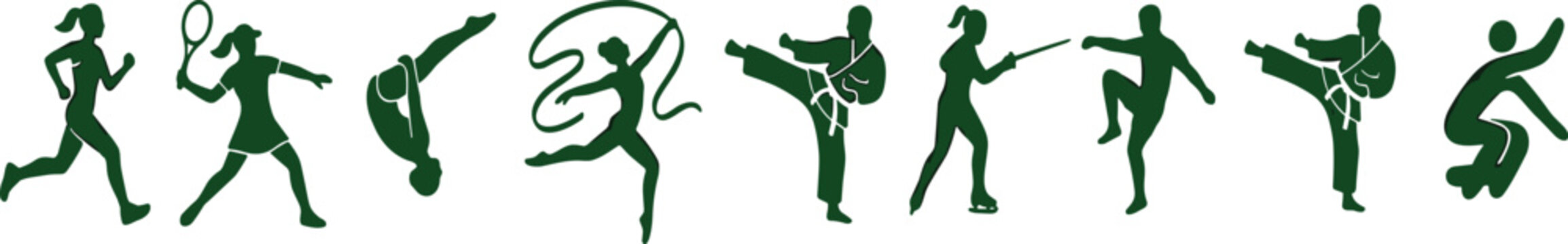 Sports Silhouette Icon Set with Green Athletic Figures Running Tennis Gymnastics Martial Arts Fencing and Dynamic Olympic Games Action Vector Elements