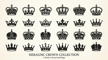 Obraz premium A regal grid of heraldic crowns, symbolizing authority, tradition, and cultural identity, showcasing diverse royal designs that embody history, hierarchy, and timeless elegance across civilizations.