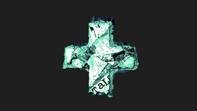 A drag and drop printed grunge style paper symbol that animates into place from shredded and torn paper pieces.
