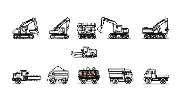 Technical line-art icon suite featuring industrial chainsaws and timber transport for resource management media.
