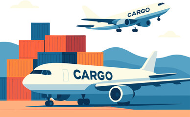 Fototapeta premium Cargo planes with shipping containers illustrating global air freight and logistics operations at an airport.