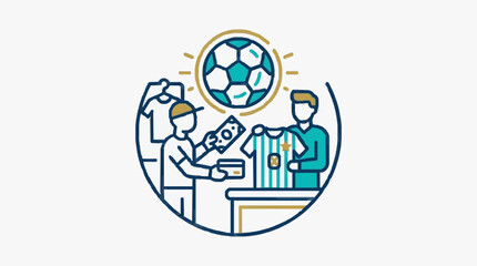 Fototapeta premium Customer Buys Soccer Jersey from Store Clerk with Soccer Ball Above.