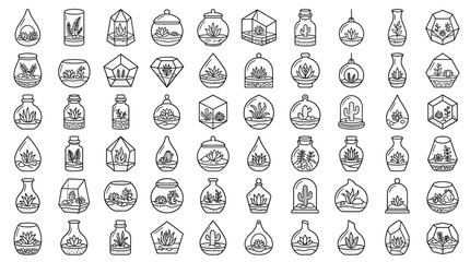 Obraz premium Collection of hand-drawn terrarium icons in various geometric shapes and bottle designs, perfect for botanical illustrations.