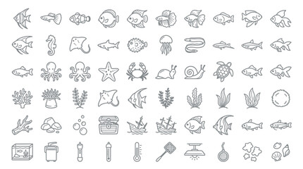 Collection of hand-drawn aquarium icons and illustrations featuring various sea creatures and equipment. © handaka