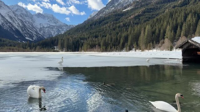 Winter Landscape with Mute White Swan on Frozen Lake Jagersee in Austria. Outdoor Scenery with Birds in Austrian Alps during Daytime.