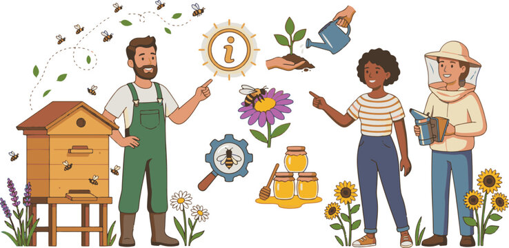 Beekeeping illustration with people and hive