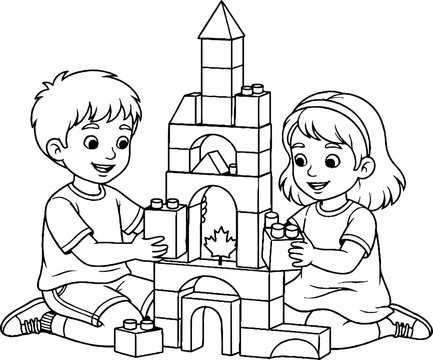 Two children happily building blocks together indoors.