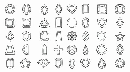 Collection of various gemstone cuts and shapes presented as line art icons. © handaka