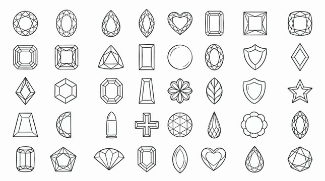 Collection of various gemstone cuts and shapes presented as line art icons.