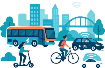 Naklejka premium Illustration of urban smart city transportation with electric bus, scooter, bicycle, and ride-sharing cars against a city skyline.