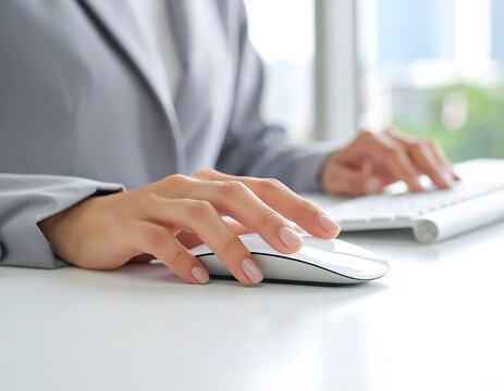 A person in a gray blazer uses a computer mouse