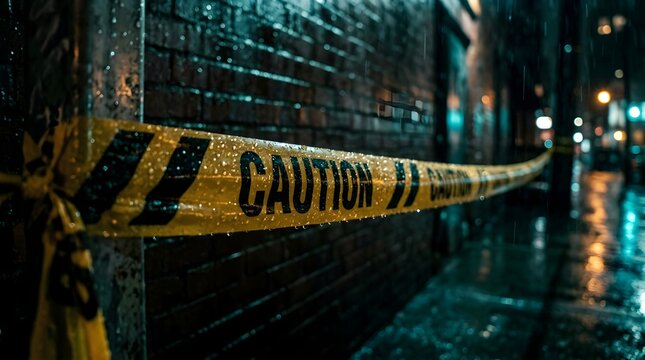 Macro Yellow Caution Tape with Raindrops in Wet Night Alley