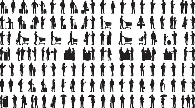 100 Unique Black Vector Silhouettes: People Waiting in Queues & Service Lines, Mega Pack for Lifestyle & Business Concepts