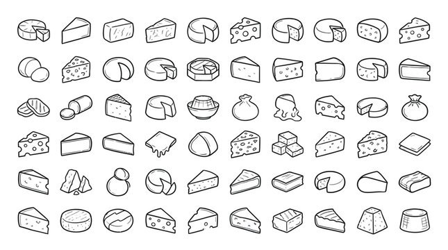 A collection of hand-drawn cheese icons in various shapes and forms, presented in a grid layout.
