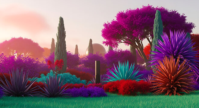 Surreal garden landscape with saturated purple and red flora at sunset landscape colorful botanical artistic paradise