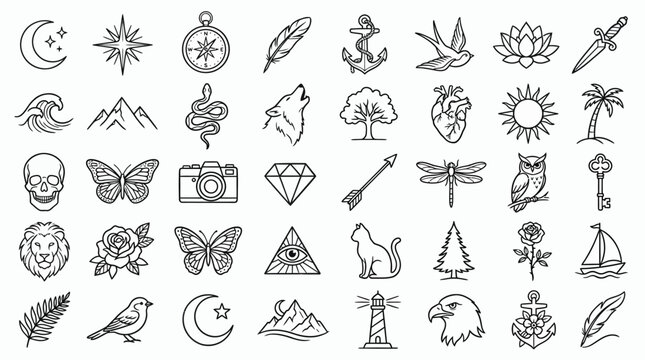 Collection of simple line art icons and symbols for tattoos or design elements.