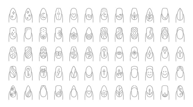 Collection of various nail art designs and shapes in a clean line drawing style.