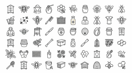 Collection of line art icons and symbols related to beekeeping and honey production, presented in a clean, modern style. © handaka