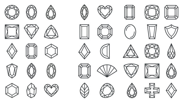 Collection of various gemstone cuts and shapes in a simple line art style, perfect for design elements.