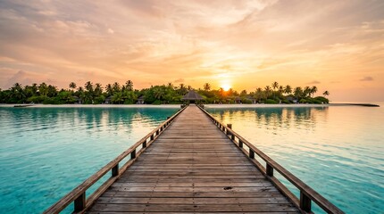 Fototapeta premium Stunning wooden pier leading to a tropical island at sunset