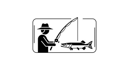Fototapeta premium Fisherman silhouette catching a large fish with a fishing rod, outdoor hobby icon
