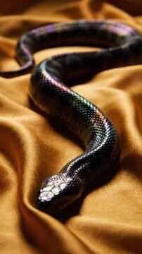 Close up of metallic snake on golden silk fabric.