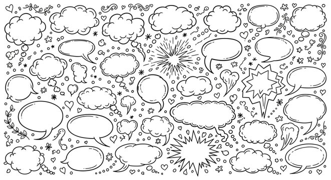 Black and white comic speech bubbles and thought clouds on with hearts stars and other decorative elements for creative design