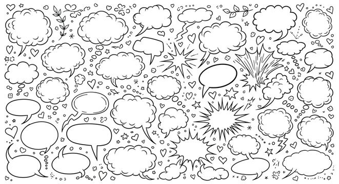 Collection of various comic book style speech bubbles and thought clouds with hearts and stars