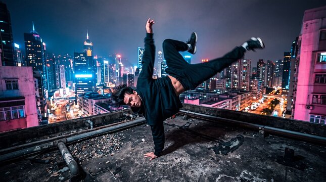 Young male breakdancer performing a dynamic handstand on a city rooftop at night with neon skyline background
