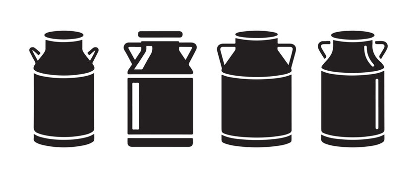 Set of four vintage milk cans icons isolated on white background in a minimalist flat design style.