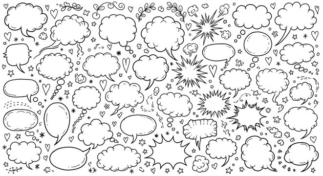 Collection of various comic book style speech bubbles and thought clouds with hearts stars and other decorative elements