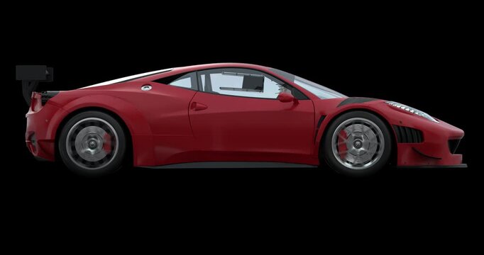 4K side view sports car animation with alpha channel and seamless loop. Ideal for car promos, racing edits, automotive videos, commercials, and motion graphics projects.