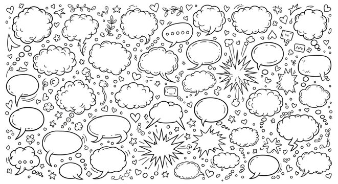 Collection of various comic book style speech bubbles and thought clouds with hearts stars and other decorative elements