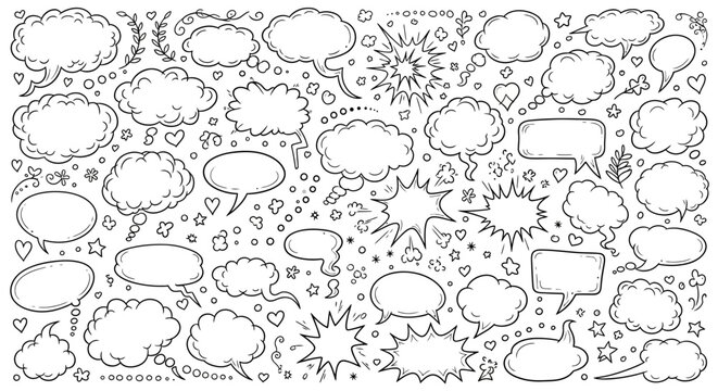 Black and white comic speech bubbles with stars and hearts