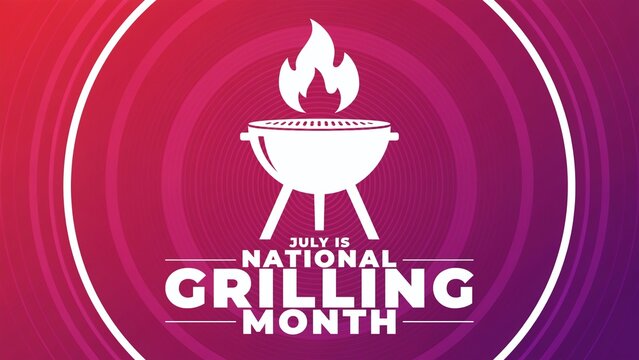 July is national grilling month promotional banner graphic with barbecue grill fire icon