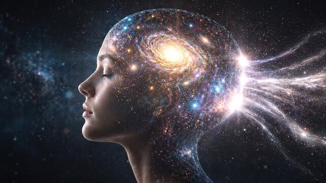 Human profile merged with a glowing cosmic galaxy, visualizing consciousness, imagination, artificial intelligence, and the limitless connection between mind and universe.