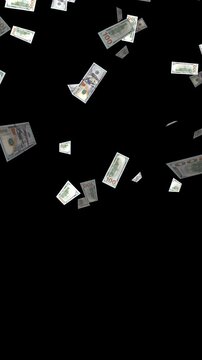 3d dollar money banknotes falling isolated alpha channel loopable animation, economy and business, stock market exchange vertical social media motion design element
