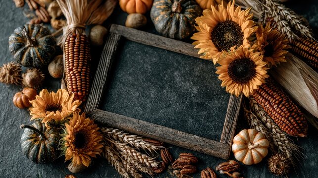 Rustic autumn flat lay on dark slate, a central black chalkboard with a wooden frame, surrounded by sunflowers, Indian corn cobs, various mini gourds, acorns, pecans, and wheat stalks