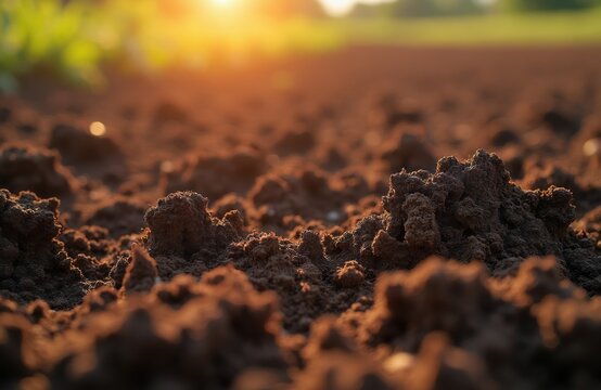 Brown soil clods under warm sunlight. Field prepared for planting crops. Freshly dug earth with rough texture. Nature and agriculture backdrop. Growing season starts now.