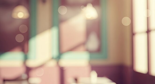 Abstract blurred background of an interior scene with soft bokeh lights and a vintage color filter effect.